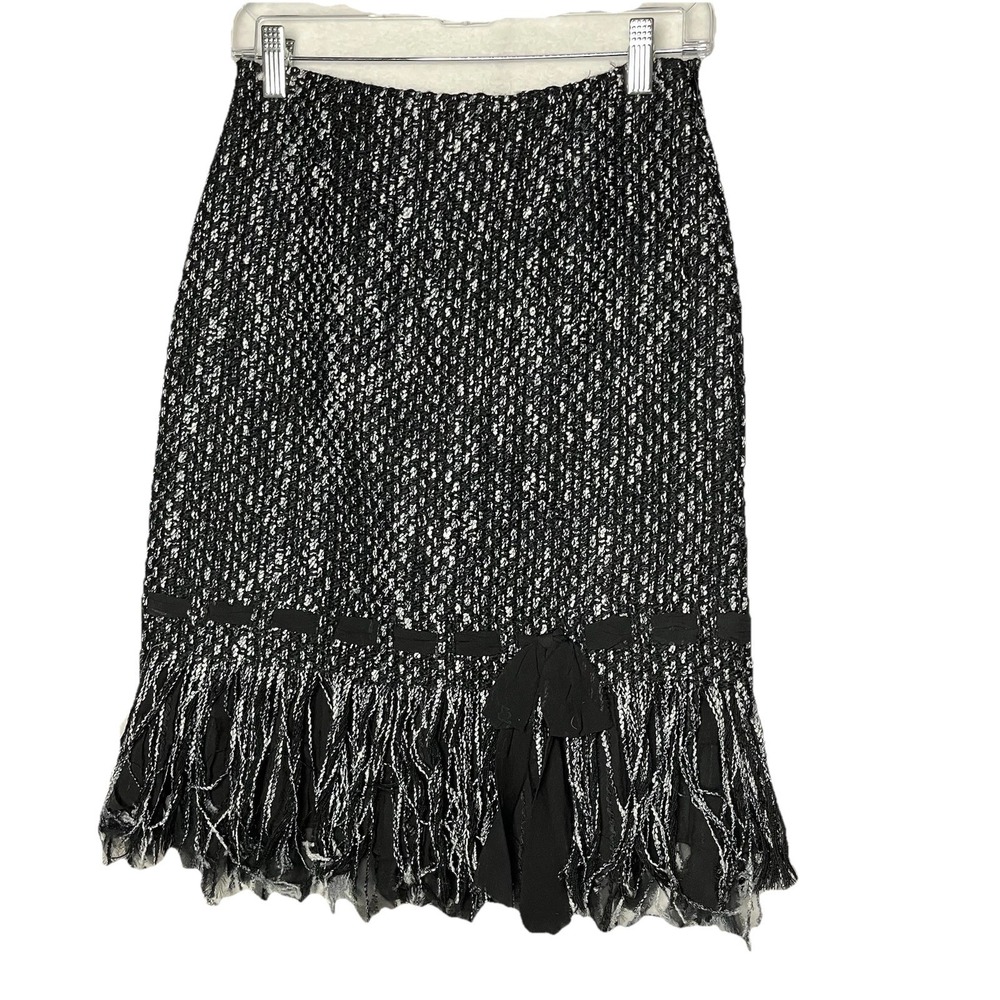 Teri Jon Rickie Freeman Woven Skirt 2 Black Shabby Chic Fringe Career Academia